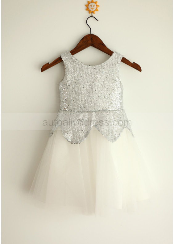 Silver Sequin Peplum Skirt Tulle Flower Girl Dress